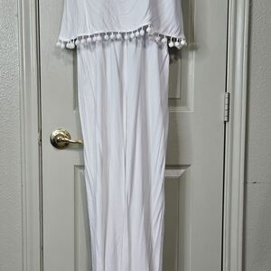 On The Road White Ruffled Jumpsuit with Pom-Pom Trim